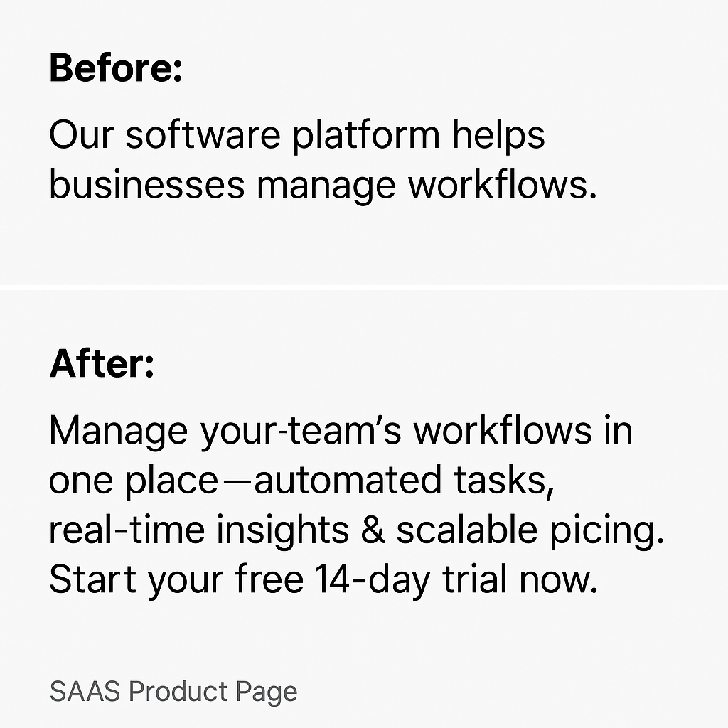 Saas Meta - Content Author enefit (manage workflows in one place), features (automated tasks, real‑time insights), call to action (free trial), urgency implied (now).